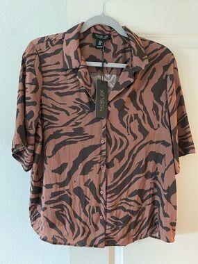 NWT Rachel Zoe Brown & Black Zebra Print Short-Sleeve Button Shirt